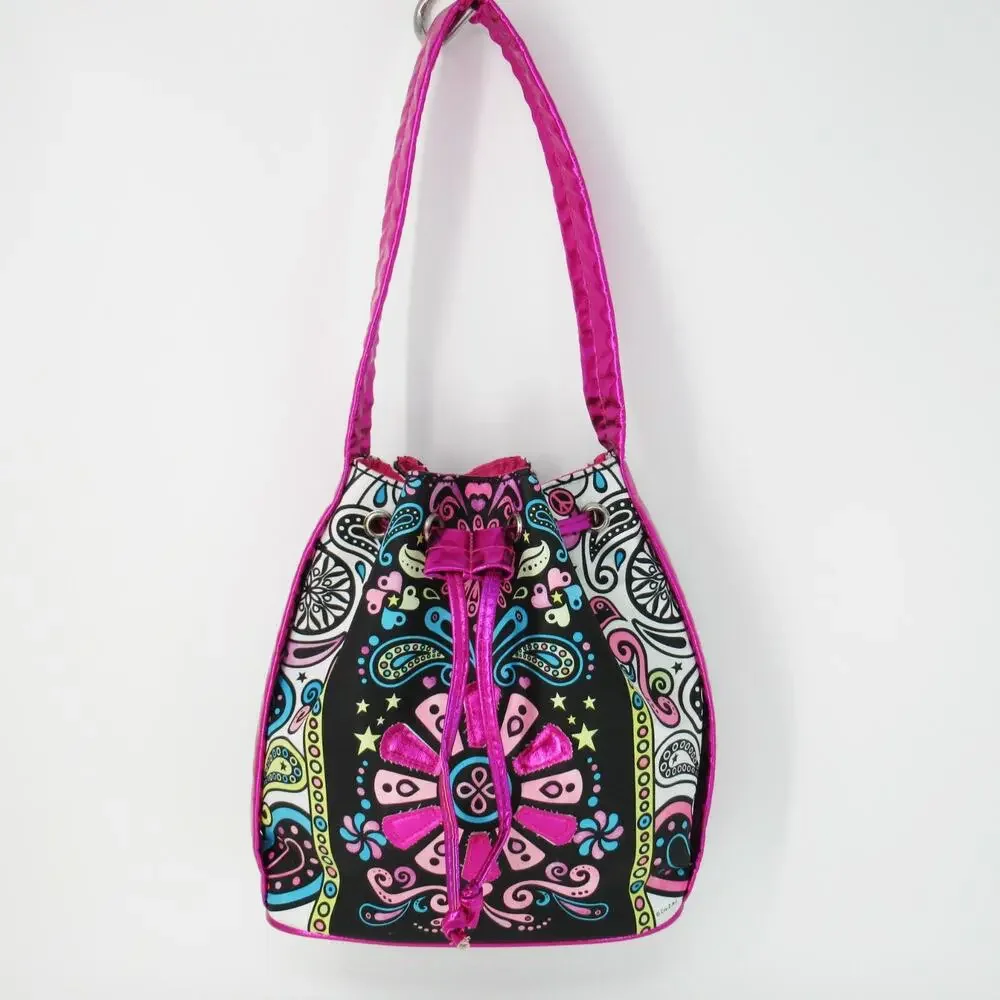 My Look Handbag Shoulder Bag Hot Pink Metallic Paisley Drawstring Lined